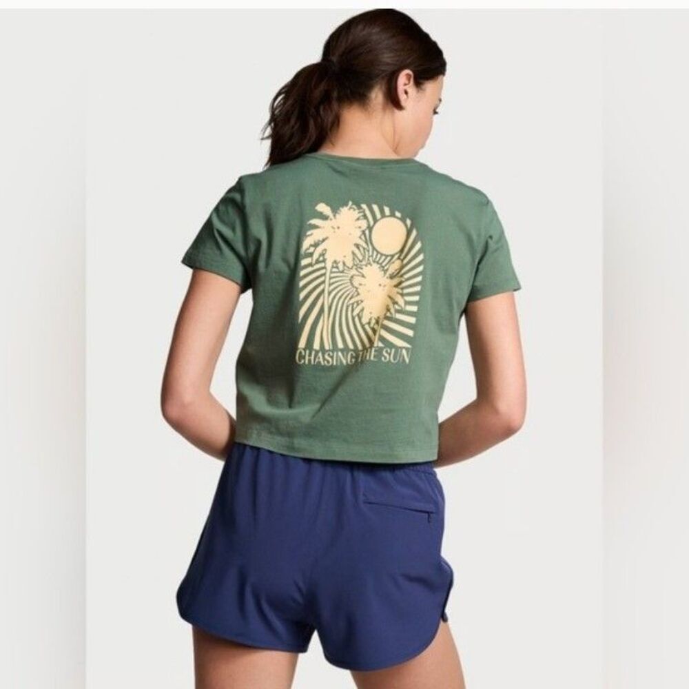 Victoria's Secret PINK Dreamer Cotton Crop Graphic Tee in Green Size XL